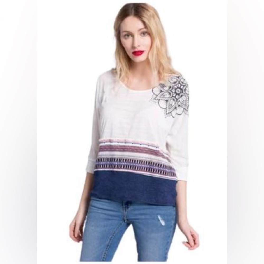 DESIGUAL STRIPED/Embroidered 3/4 SLEEVE T SHIRT TOP WOMENS SIze S